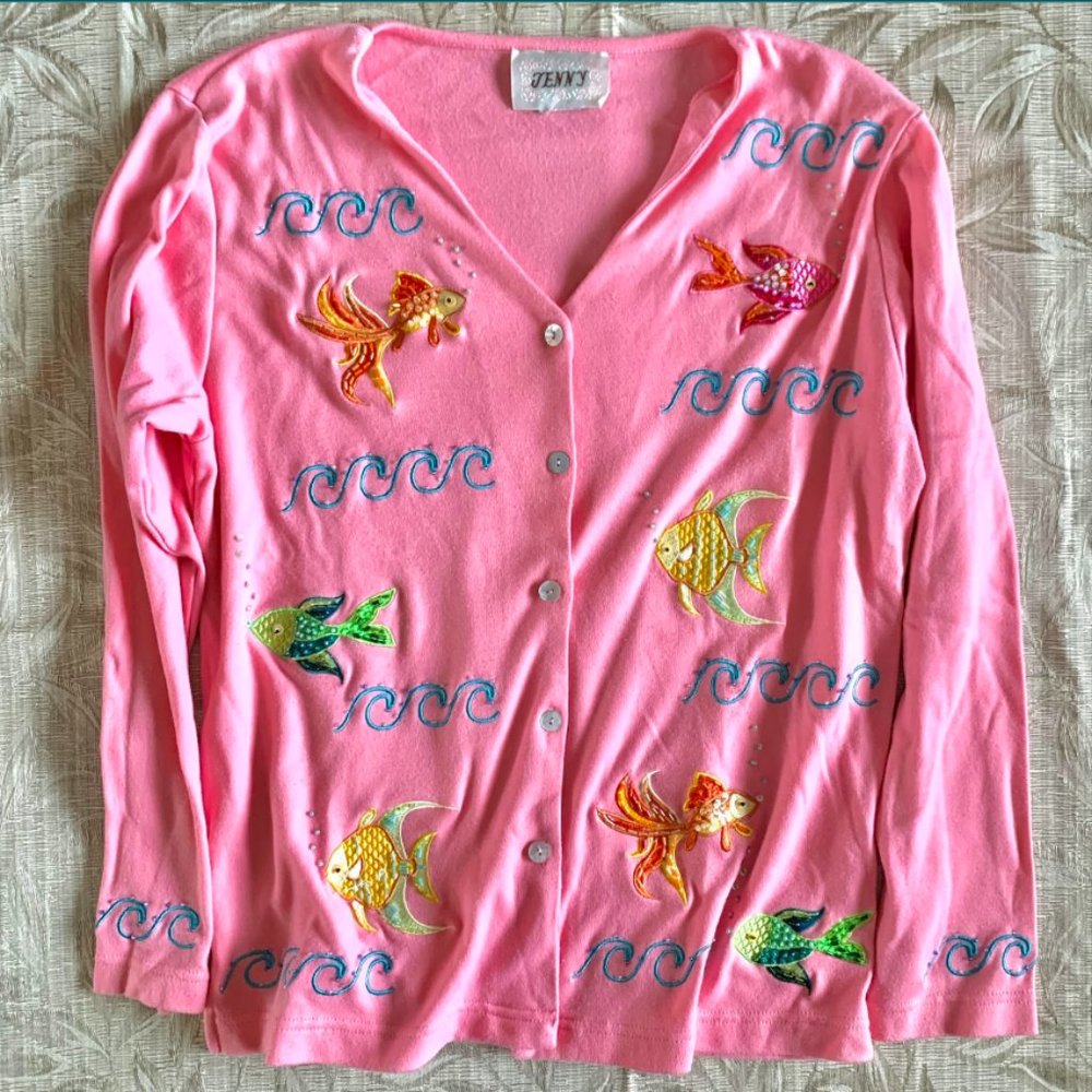 Vintage Jenny Rainbow Pink Patch Fish Cardigan
